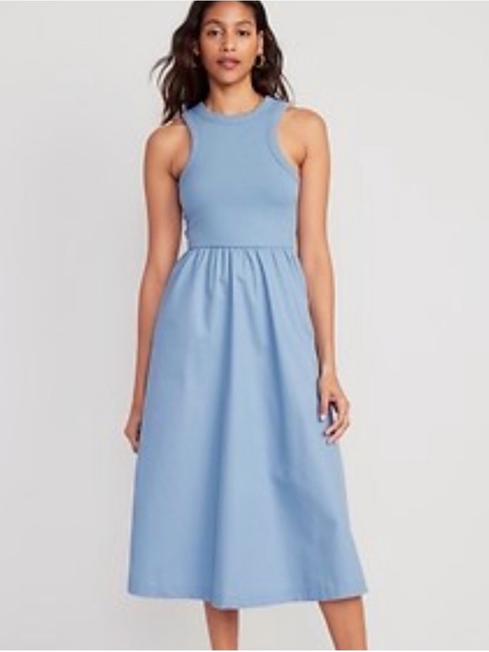 Old Navy Blue Mixed Media Ribbed Poplin Racerback Midi Dress with Pockets M
